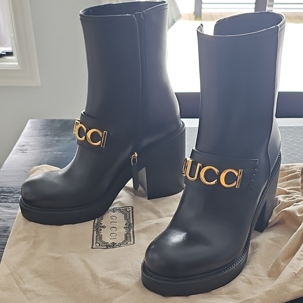 Gucci Black Heeled Boots with Gold Accents